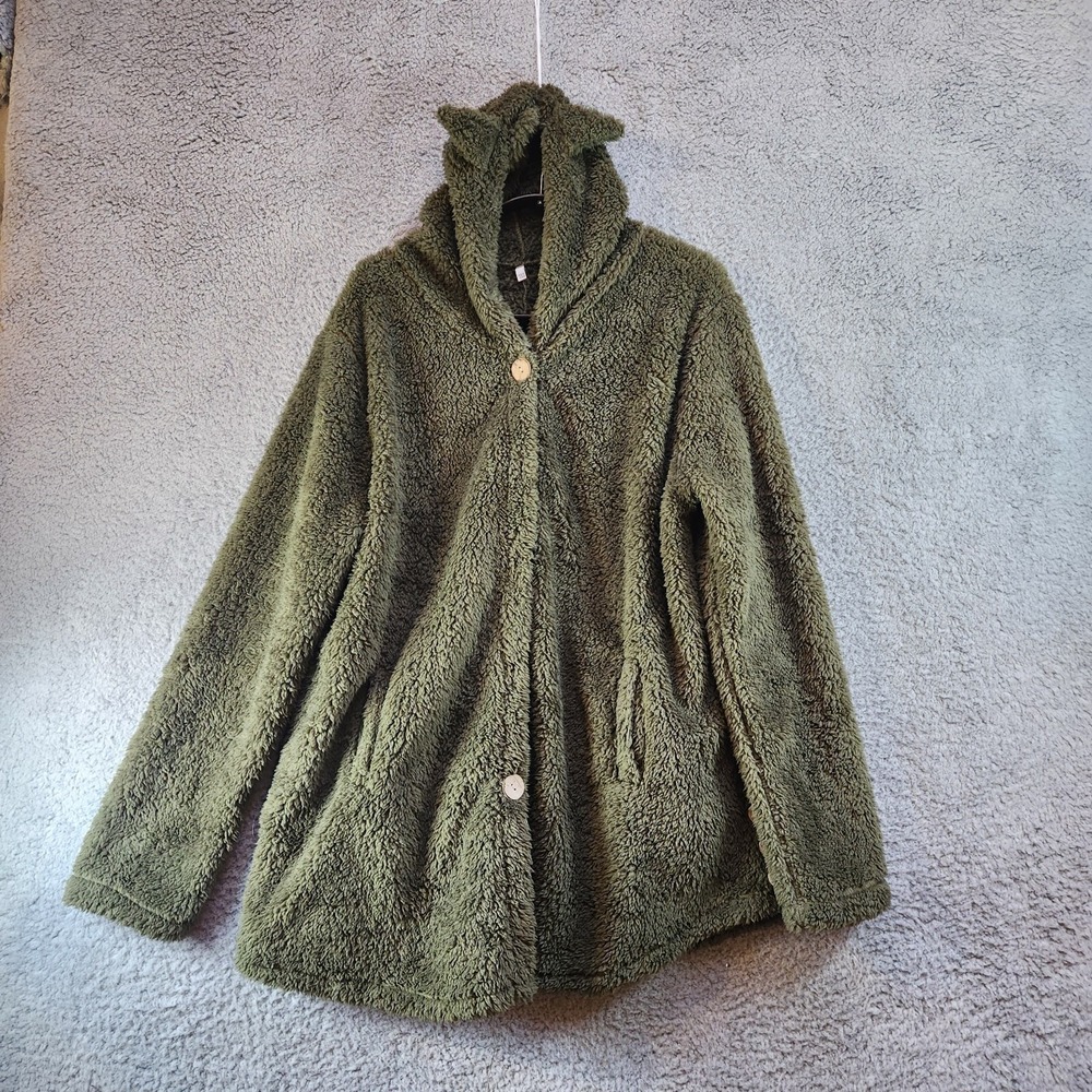 Women's Cozy Fleece Hoodie 2XL Olive Green Stretch Sweet Bear Ears Button Front